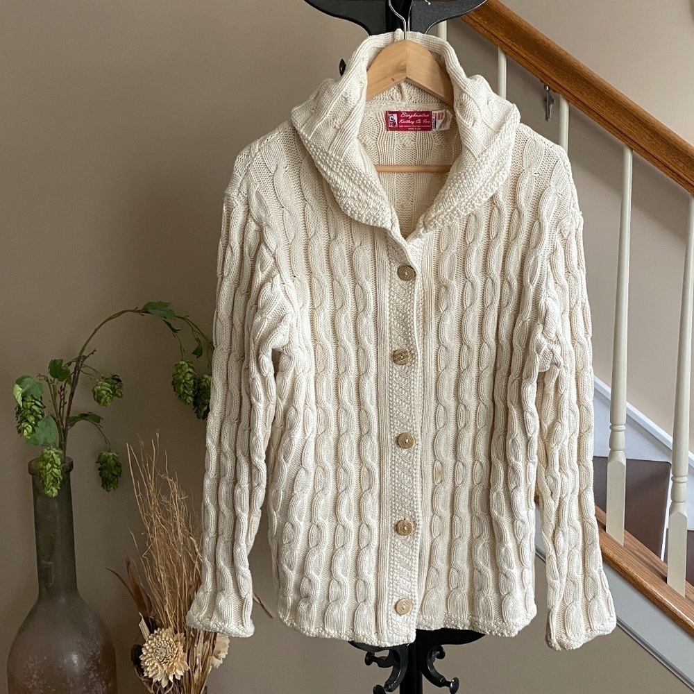 Vintage Cream Color Knit Hoodie Cardigan Made in USA Size Small
